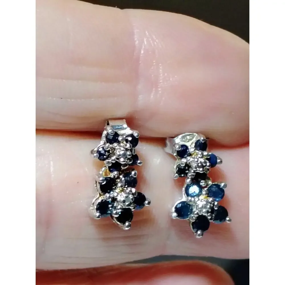 925 Sterling Sapphire Diamond ClusterDrop Stud Earring 2.15g